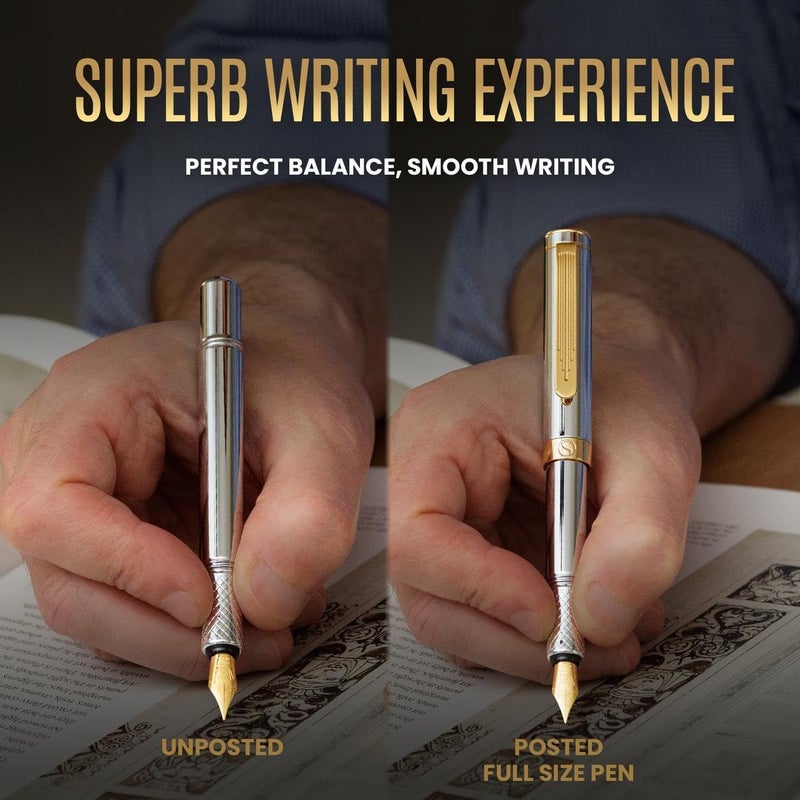 Scriveiner Luxury EDC Fountain Pen (Medium), Stunning Silver Chrome Luxury Pen, Real Gold Plating, Schmidt German Nib, Converter, Writing Gift Set for Men & Women, Nice Fancy Office Designer Pen - Image 5